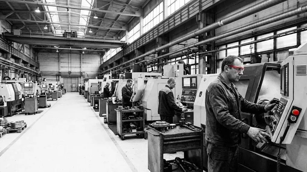 Токарь работает на станке с ЧПУ в цехе машиностроительного завода