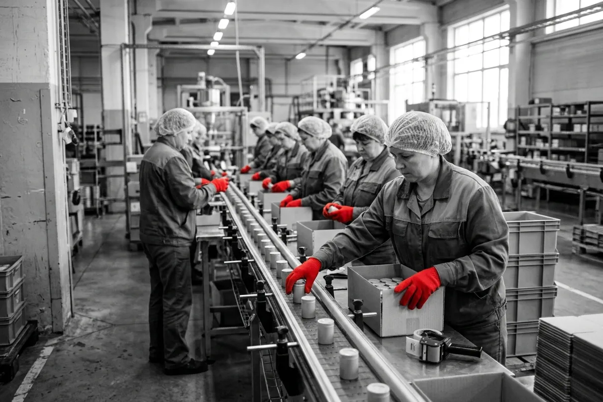 Смена работает на производственной линии в сезон